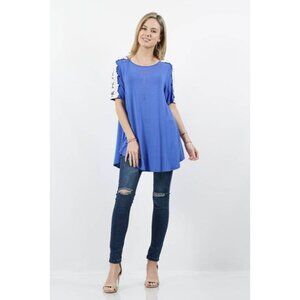 Shoulder Flower Crochet Tunic Blue Size Medium